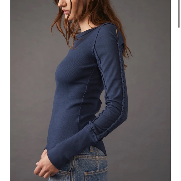 Free People We The Free Daisy Ribbed Braided Cotton Navy Long Sleeve Shirt - Picture 2 of 5